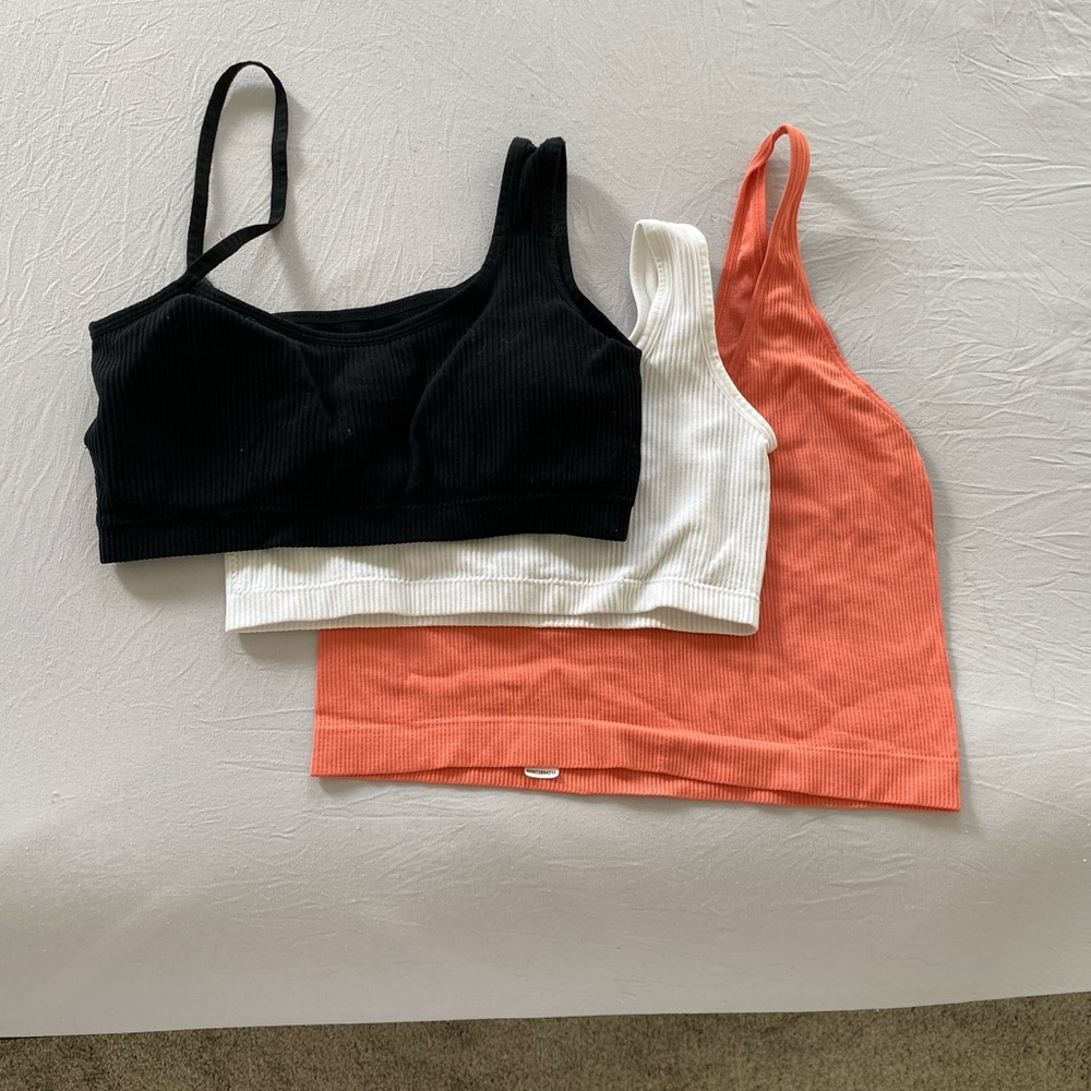 Set of Three Ribbed Crop Tops - Black, White, and Orange